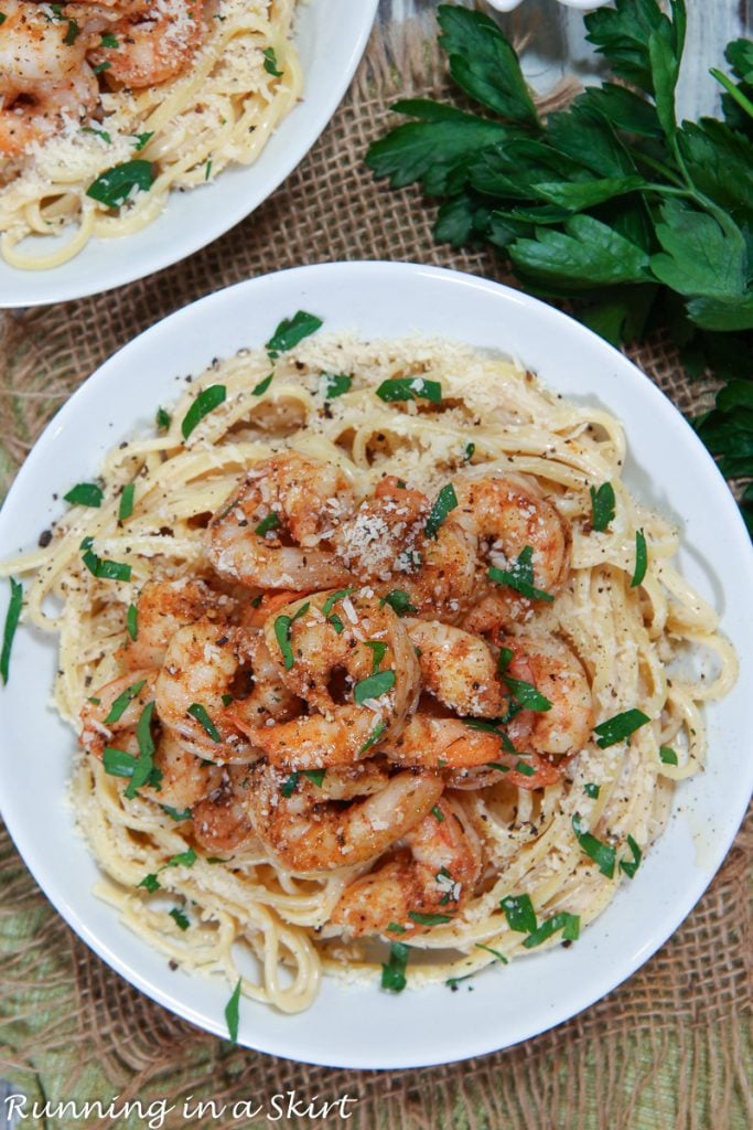 Cajun Shrimp Alfredo overhead shot.