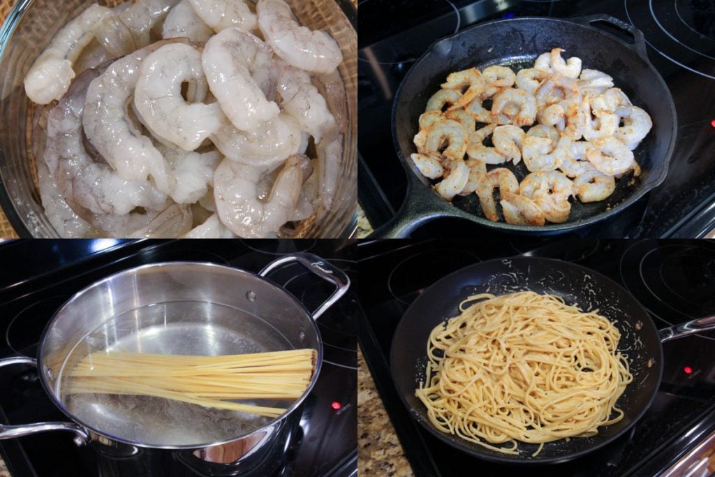 Process photo collage showing how to prepare the shrimp and pasta.