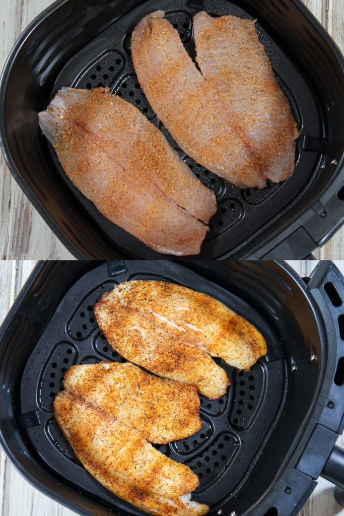 Process photo collage showing how to put the fish in the air fryer and how to cook it.