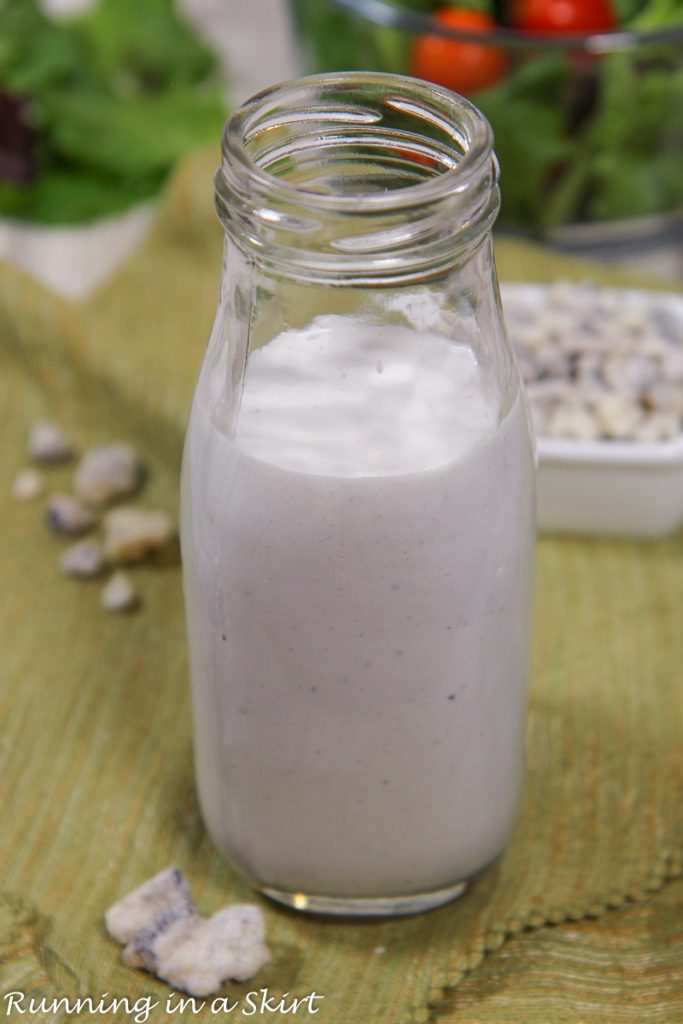 Healthy Blue Cheese Dressing recipe in a glass bottle.