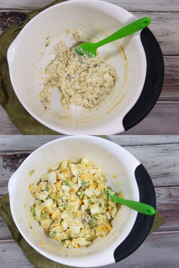 Process photo collage showing how to make Cottage Cheese Egg Salad.